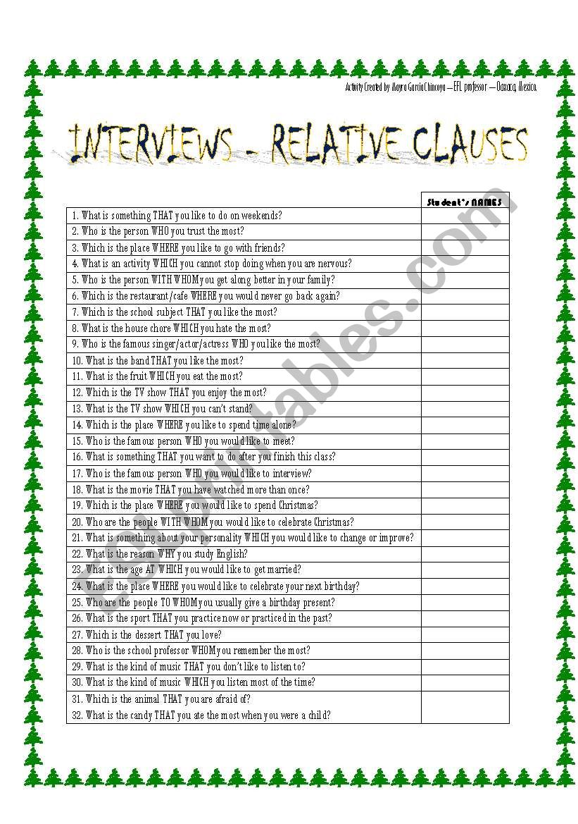 RELATIVE CLAUSES sPeAkInG aCtIvItY or USE IT AS A WARMER!