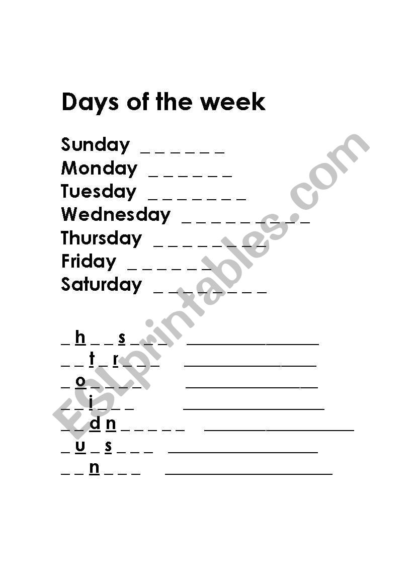 Days of the week worksheet