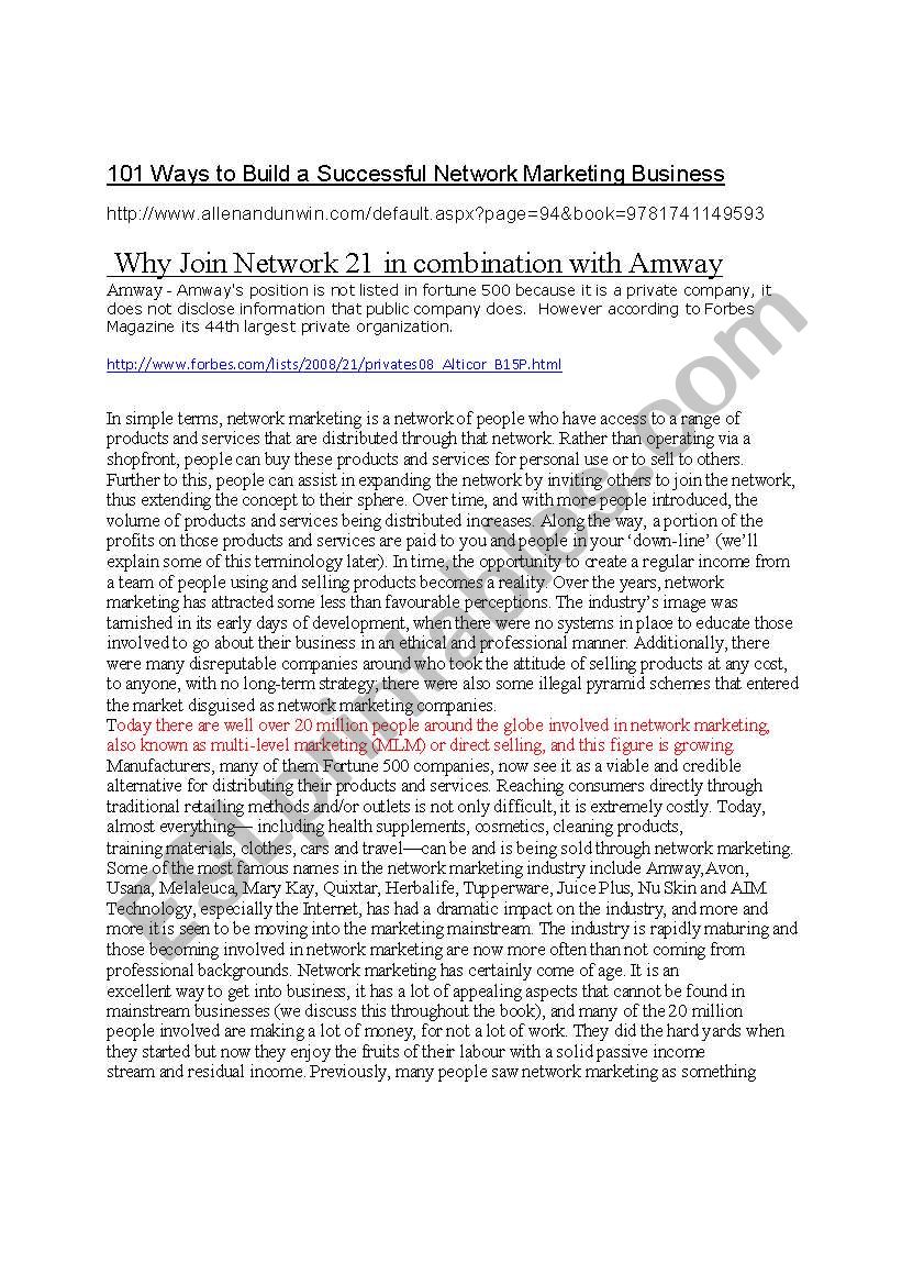 network business worksheet