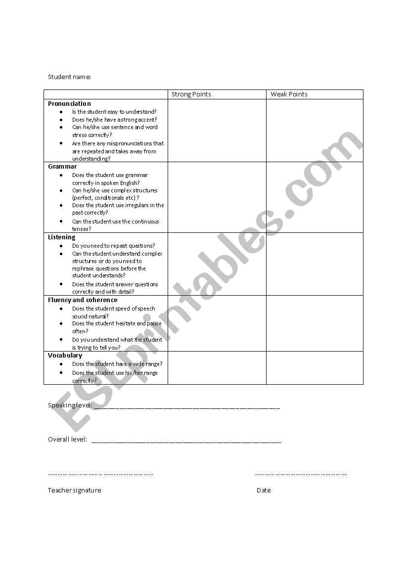 Placement Test Speaking worksheet