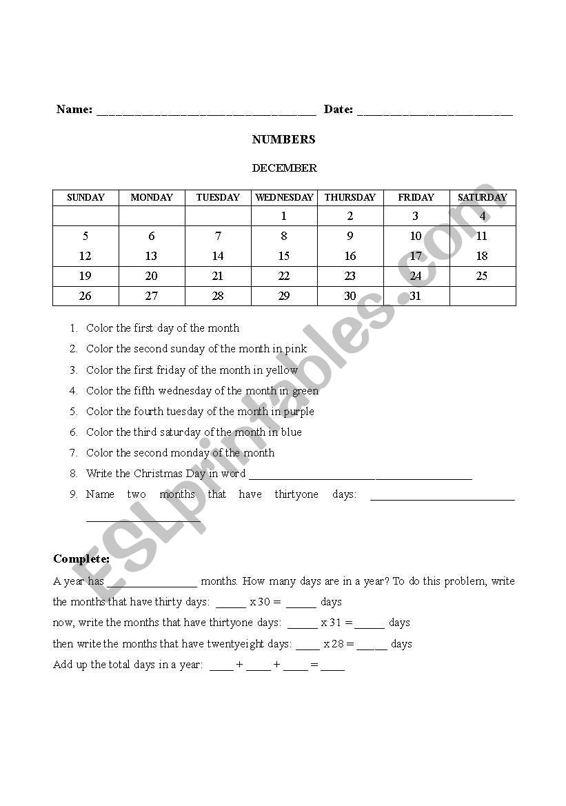 Ordinal Numbers - elisa worksheet