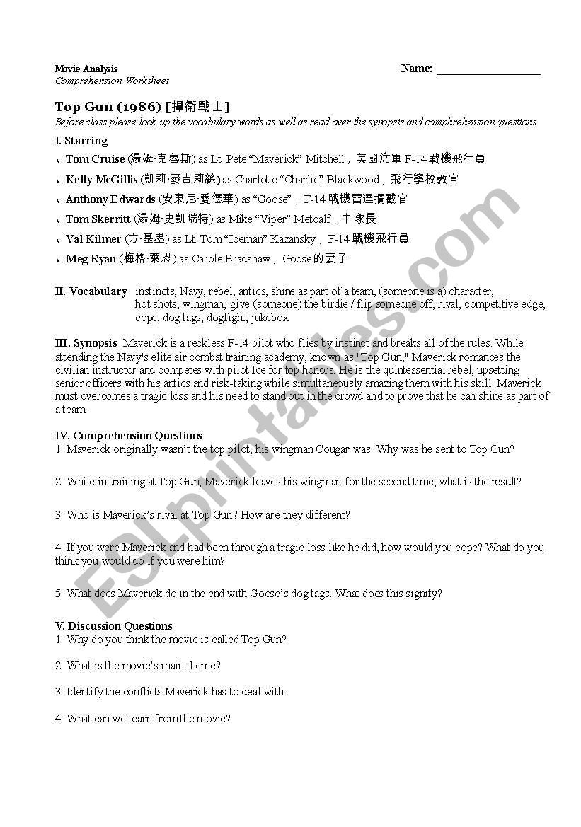 Top Gun Movie Worksheet worksheet