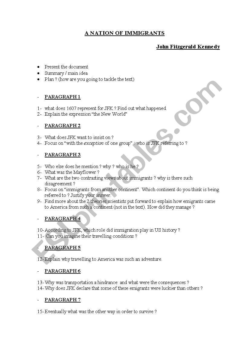 A NATION OF IMMIGRANTS worksheet