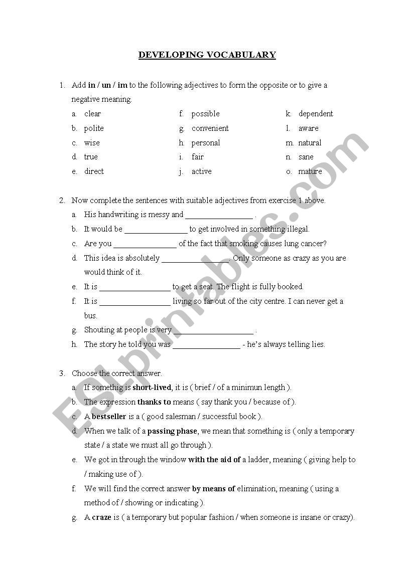 Developing vocabulary worksheet