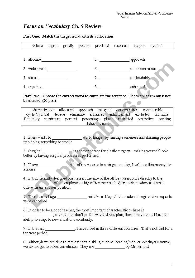 Focus on Vocabulary Chapter 9 worksheet