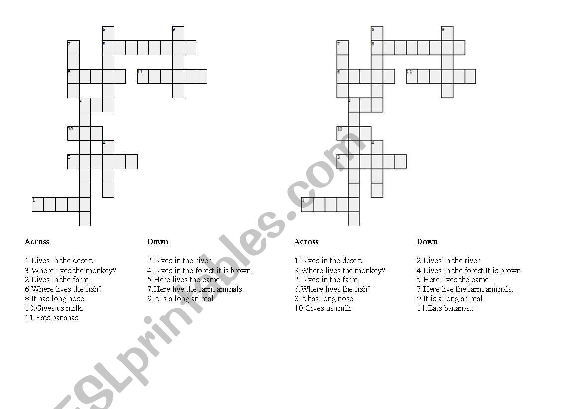 animal crossword worksheet