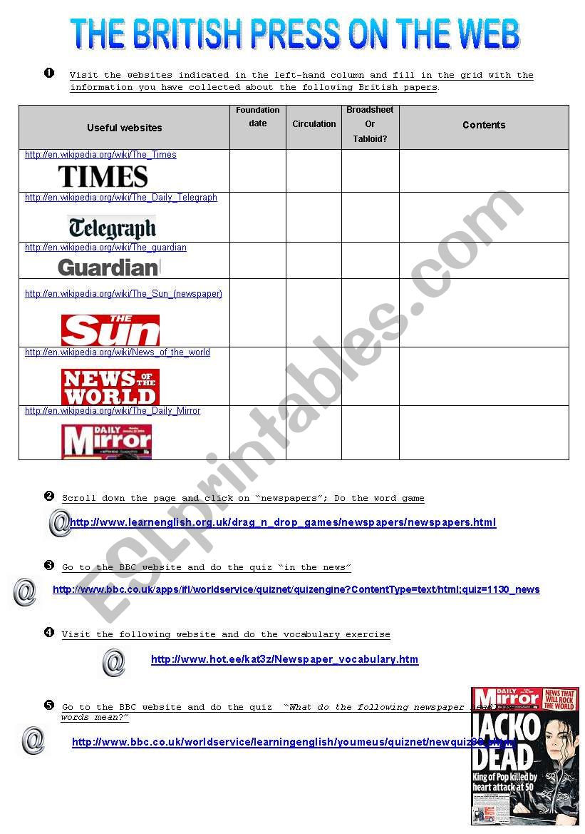 the british press on th web worksheet