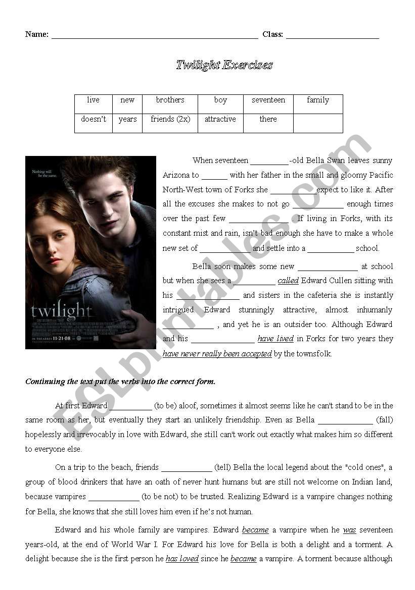 Twilight Exercise worksheet