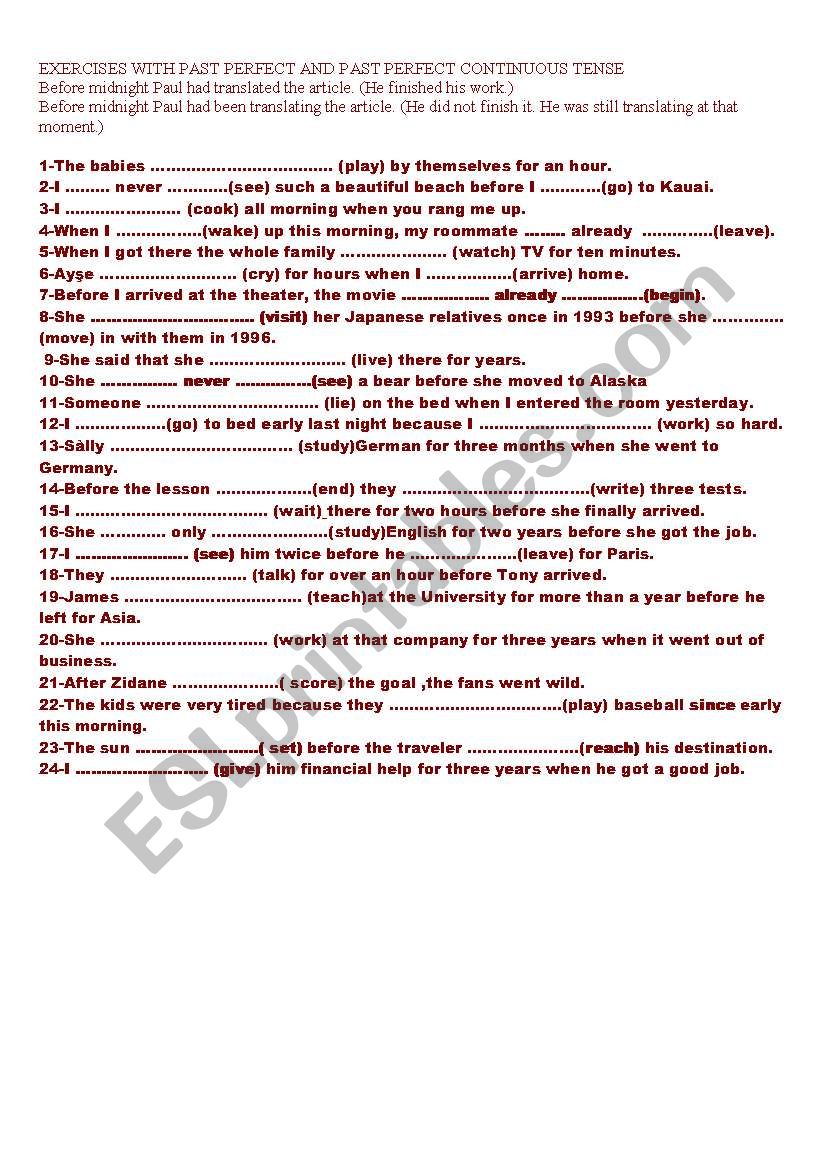 EXERCISES WITH PAST PERFECT AND PAST PERFECT CONTINUOUS TENSE