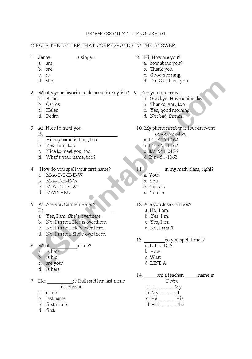 PROGRESS QUIZ FOR ENGLISH 01 STUDENTS 
