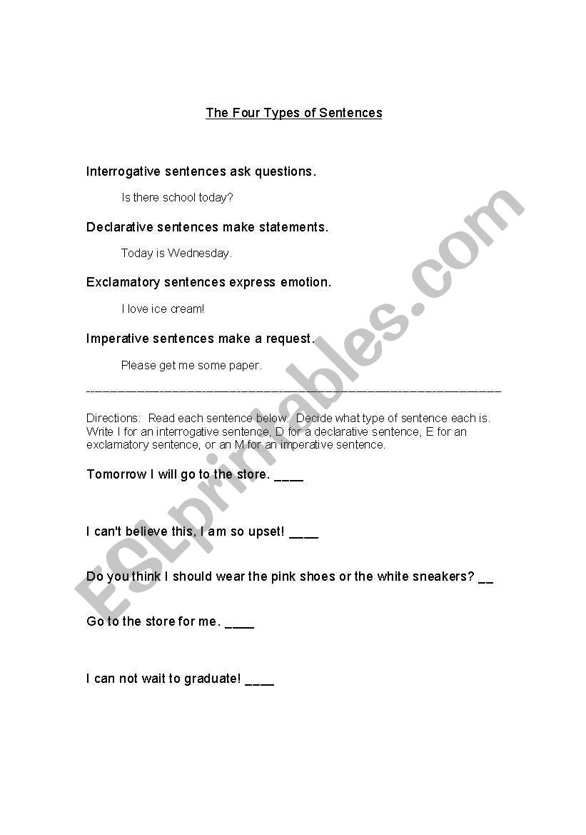 Four Types of Sentences worksheet