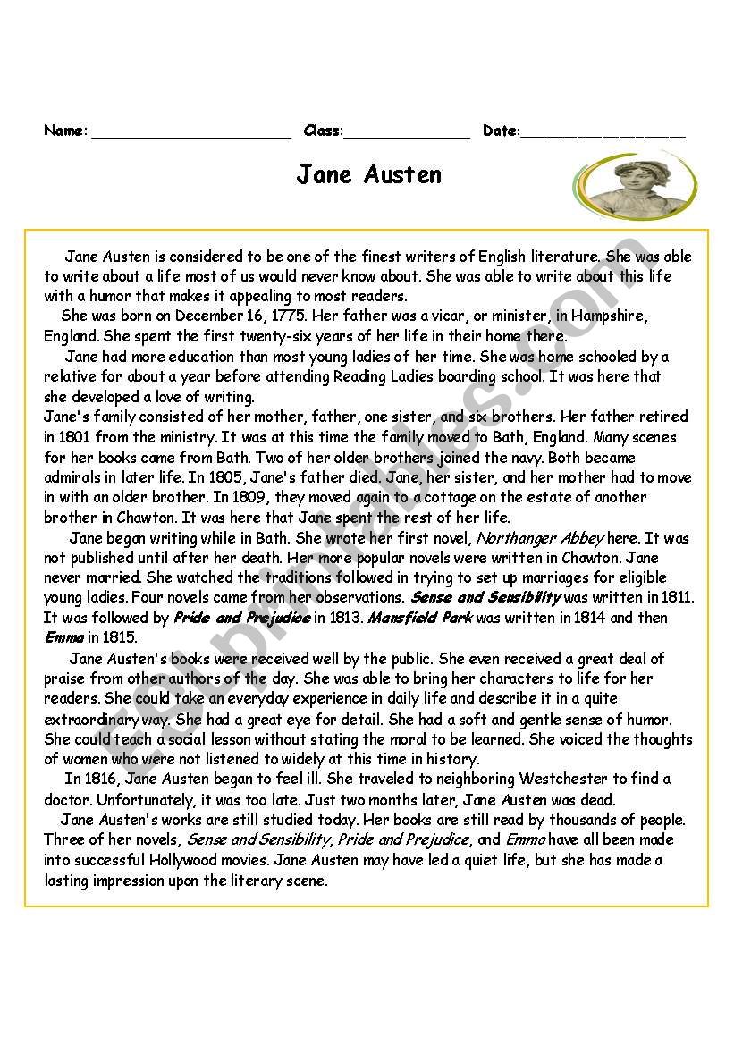 Biography (Jane Austen) worksheet