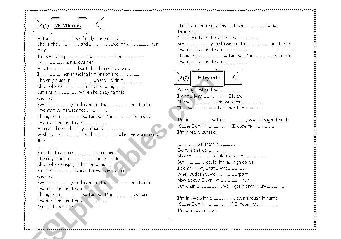 cloze tests for 8 songs worksheet