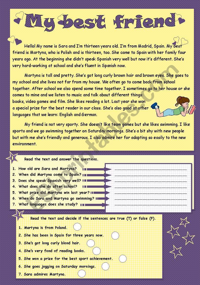 My Best Friend Reading Comprehension Esl Worksheet By Mada 1