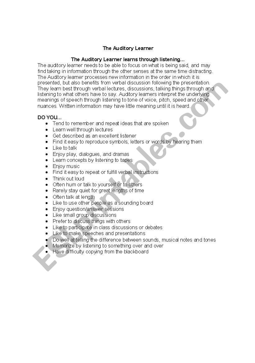 Auditory learning style worksheet