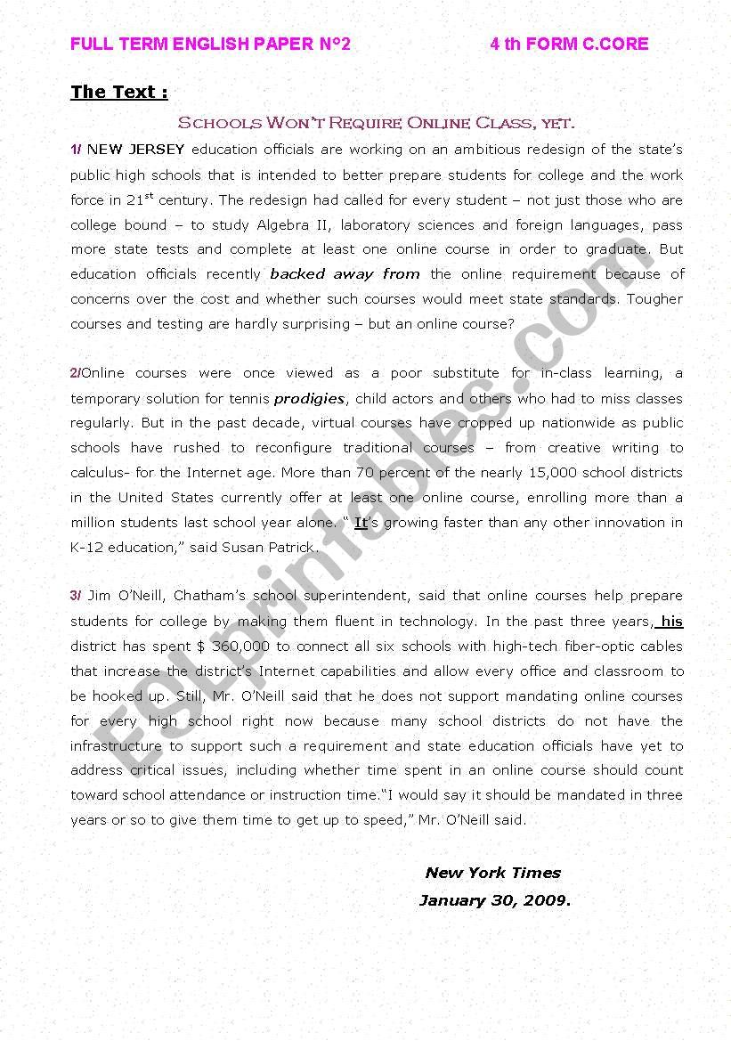 FULL TERM ENGLISH PAPER N°2 FOR 4th FORM C.CORE TUNISIAN CURRICULUM