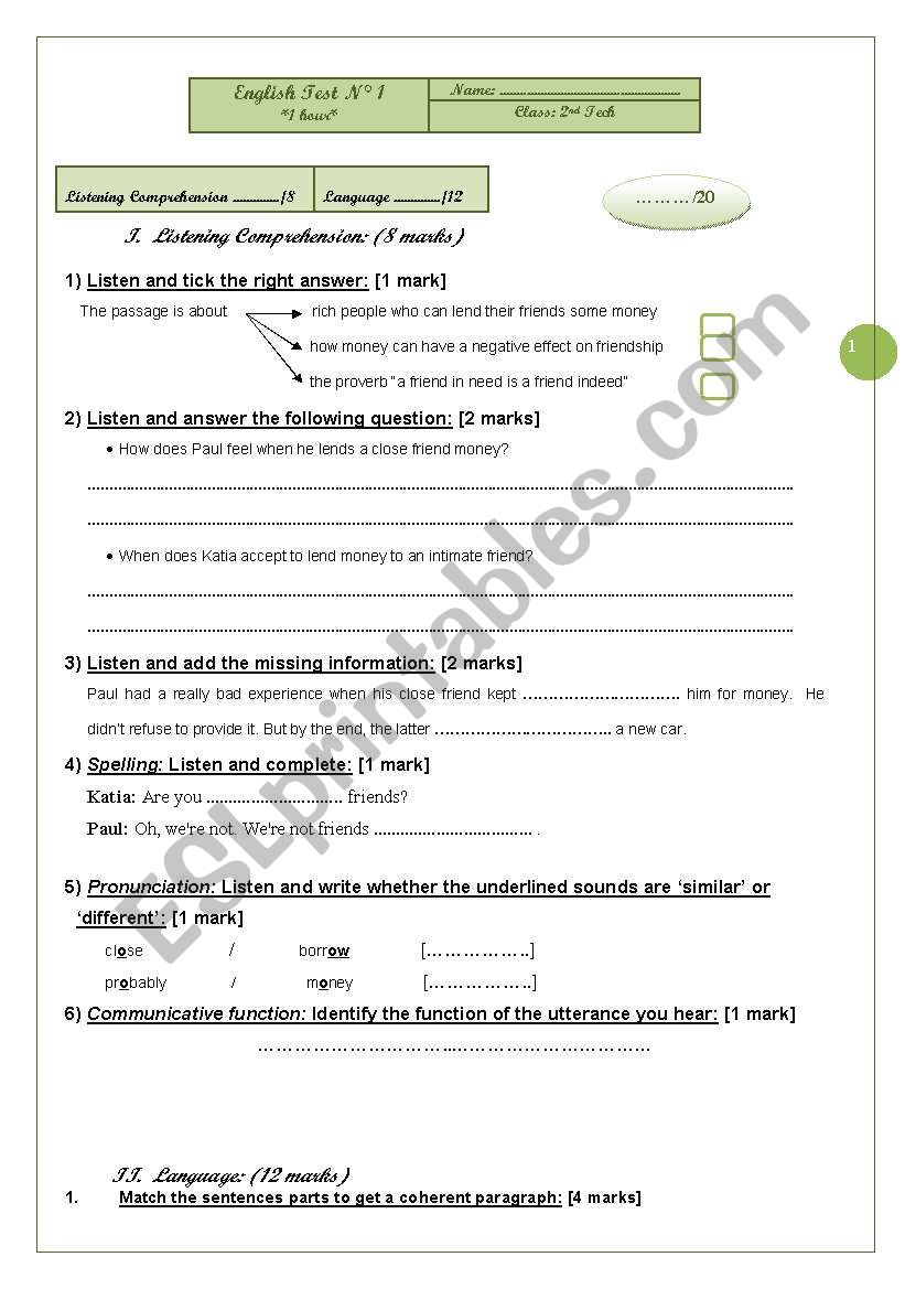 2nd year  listening comprehension test (Tunisian curriculum)