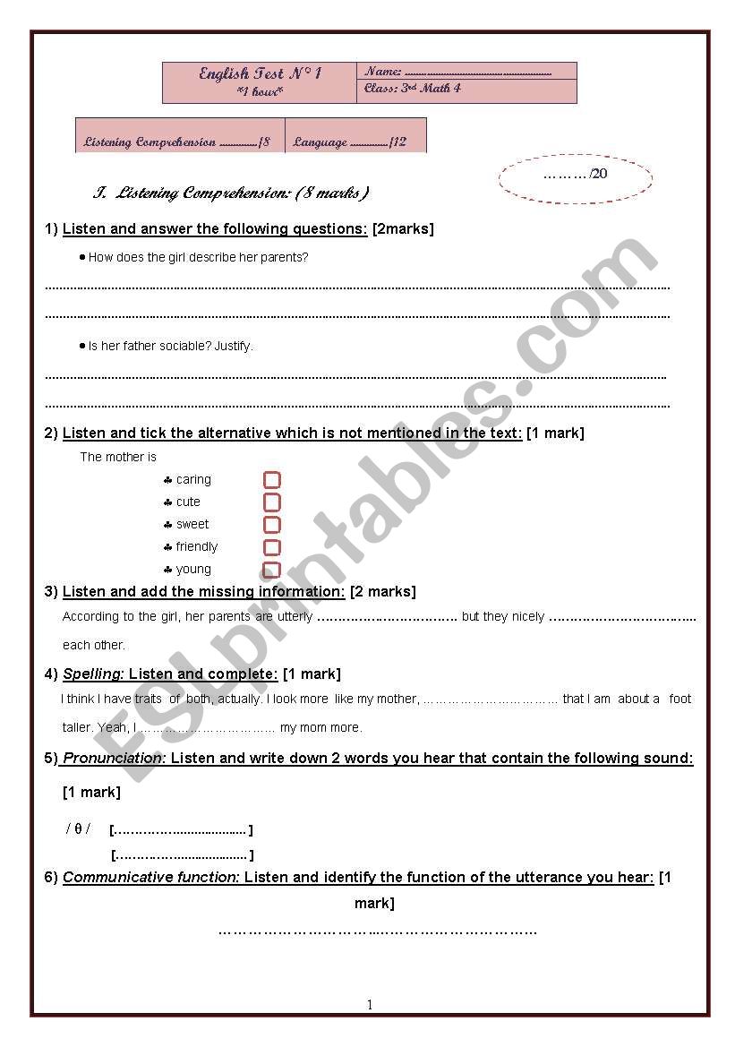 3rd year  listening comprehension test (Tunisian curriculum)