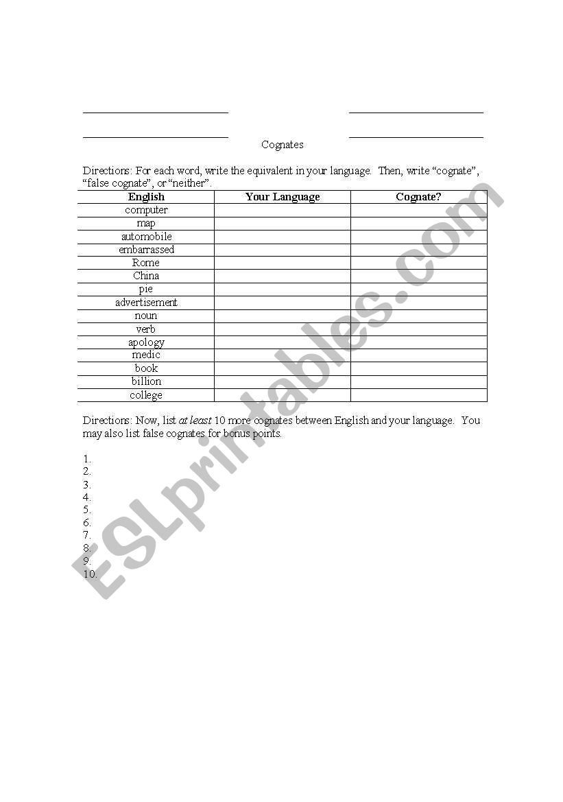 Cognates worksheet