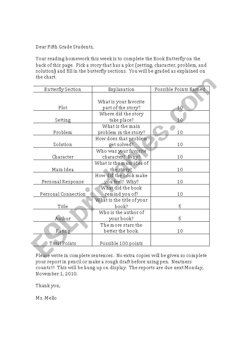 Butterfly Book Report worksheet