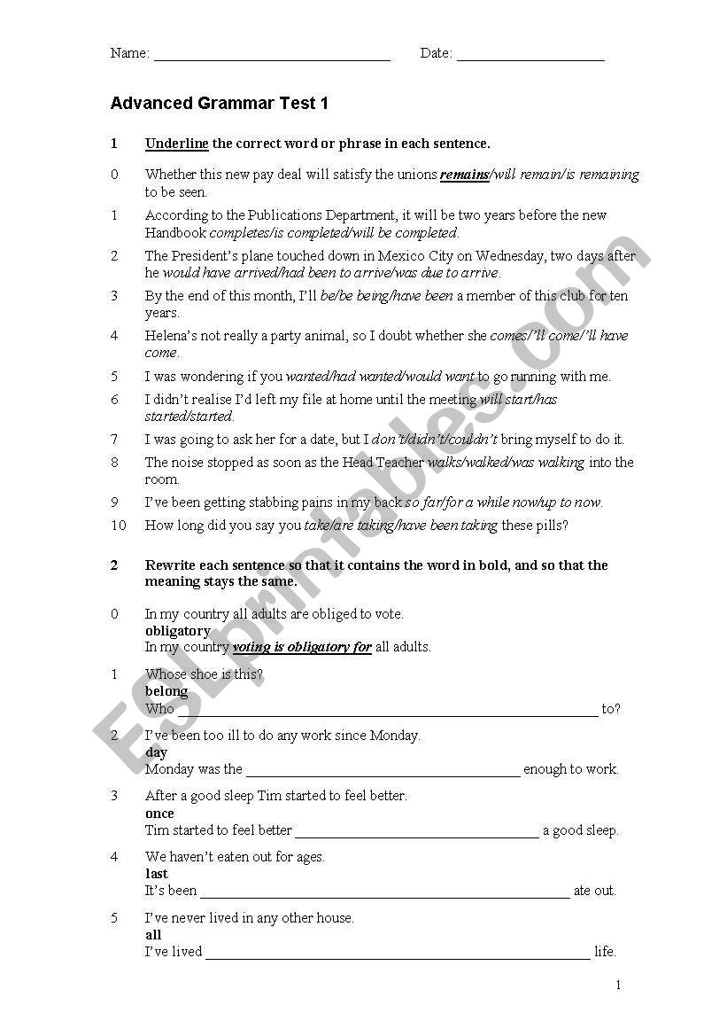 ADVANCED GRAMMAR TEST worksheet