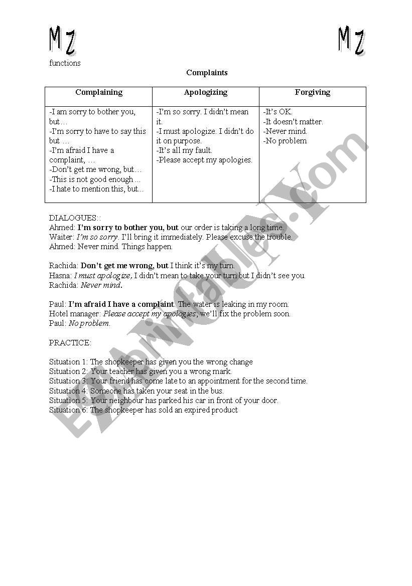 complaining worksheet