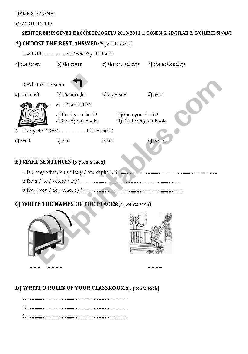 5th grade 2nd exam worksheet