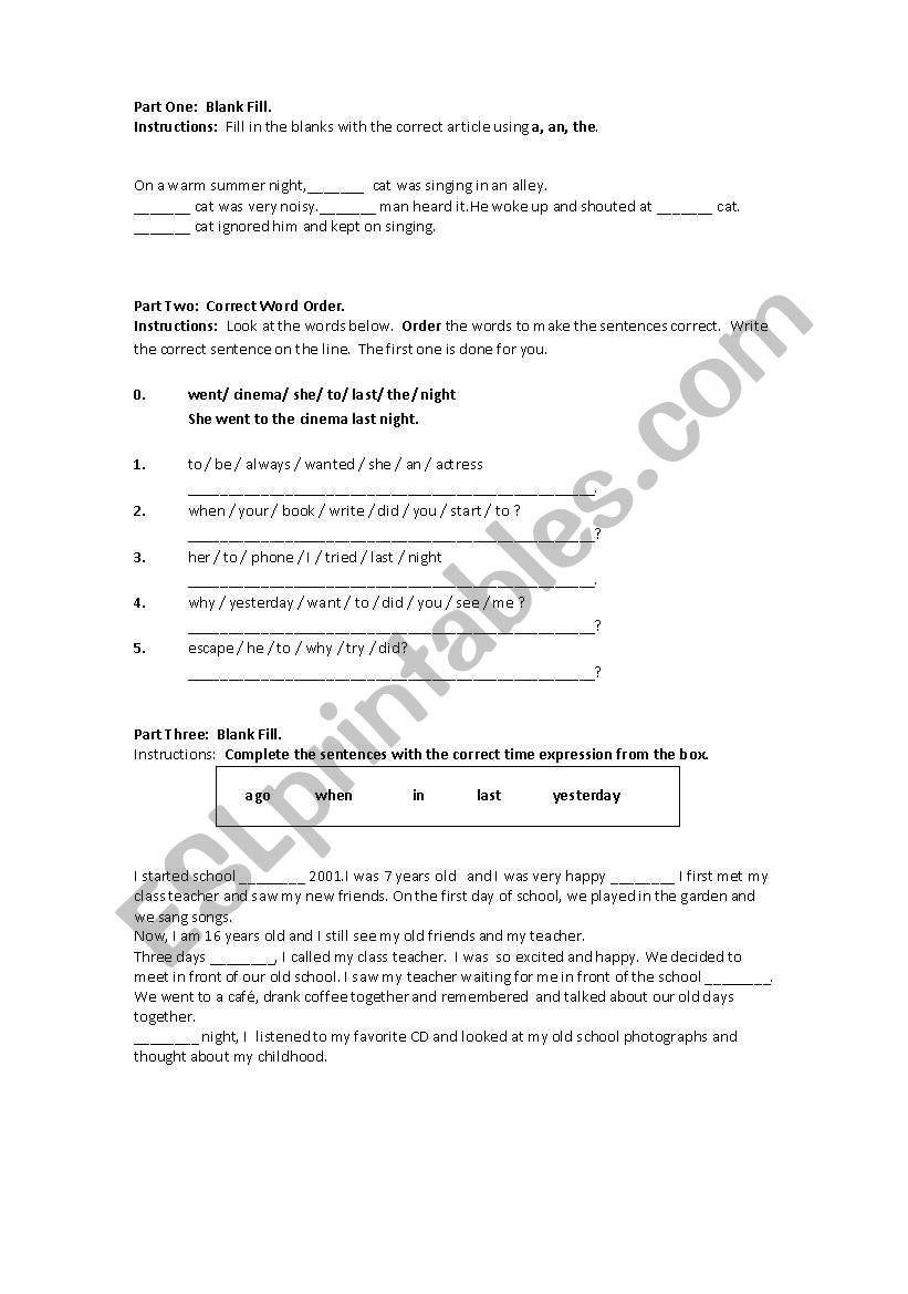 Mixed Exercises (Articles,Prepositions,Past Tenses..)