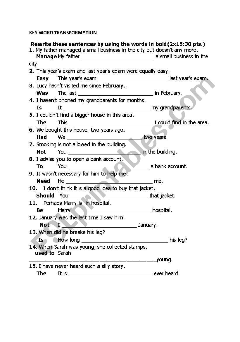 Key Word Transformation worksheet