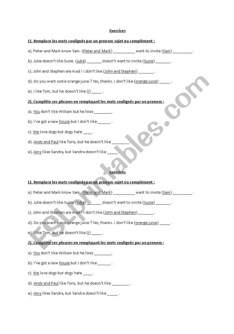 Exercices Pronoms worksheet