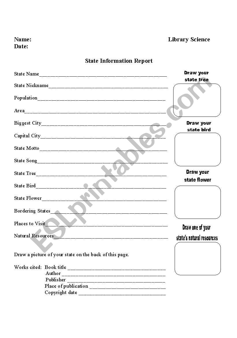 State Research Report worksheet