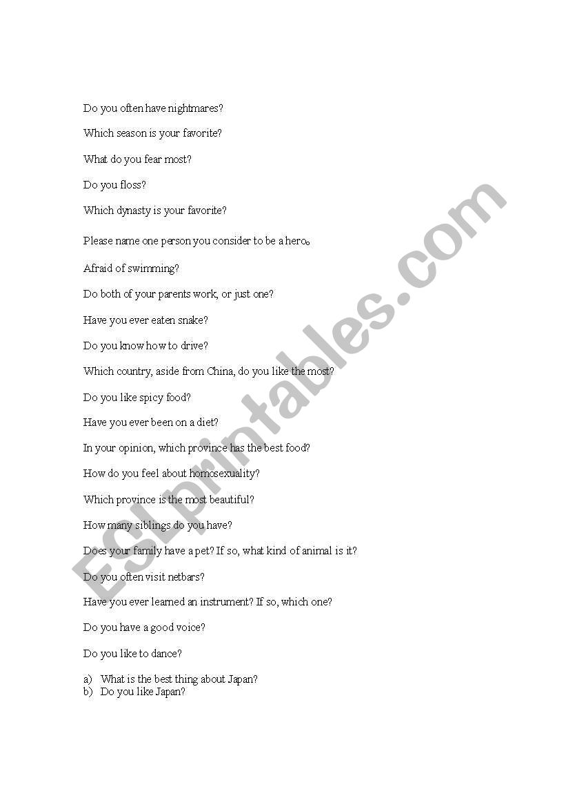 60 Questions worksheet