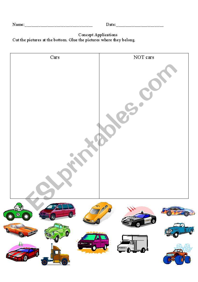 Cars or Not Cars worksheet