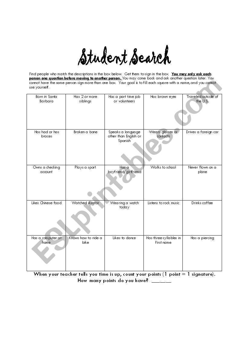 Student Search worksheet