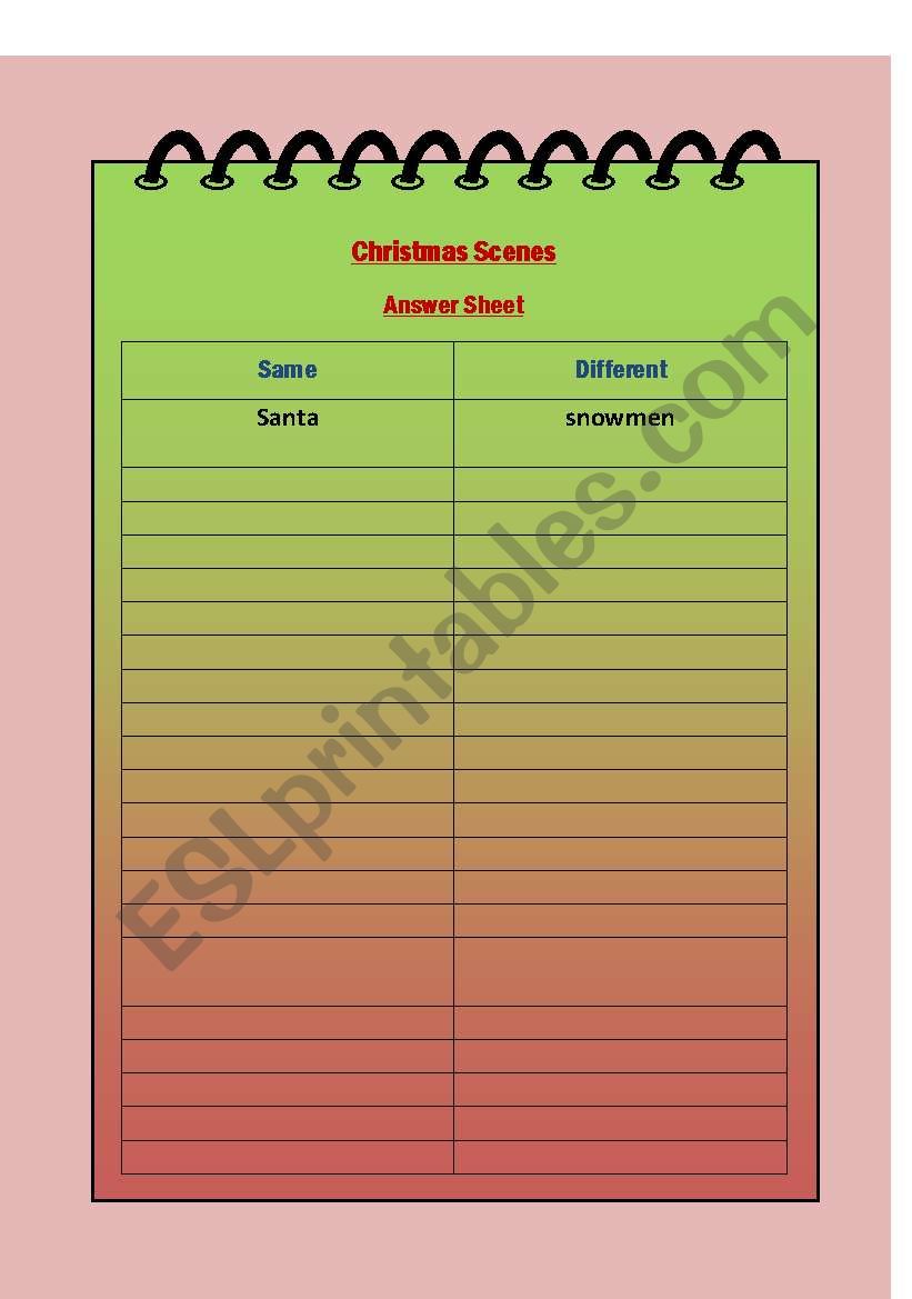 Christmas Scenes Answer Sheet worksheet