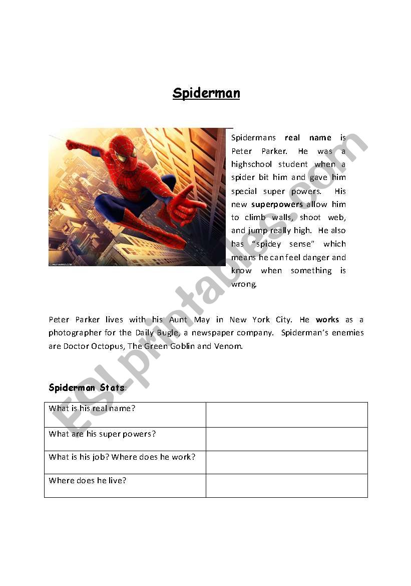 Spiderman reading worksheet worksheet