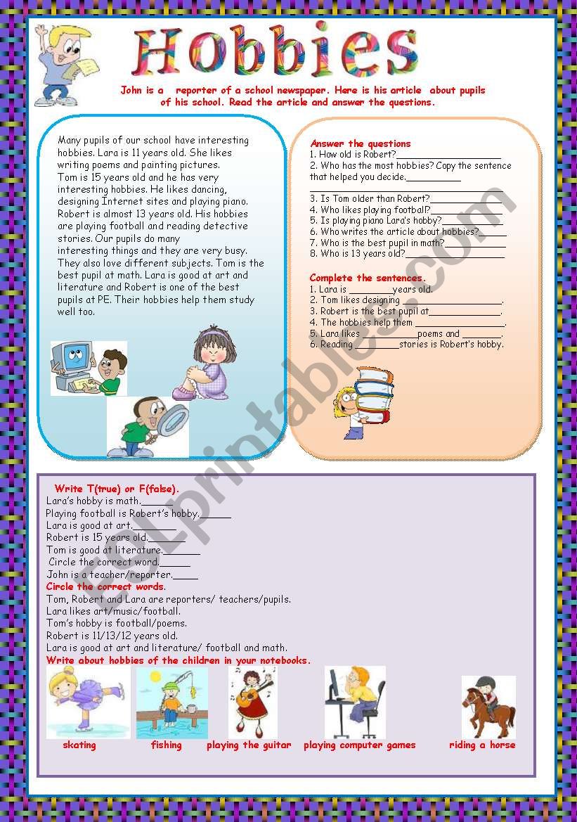 Hobbies worksheet