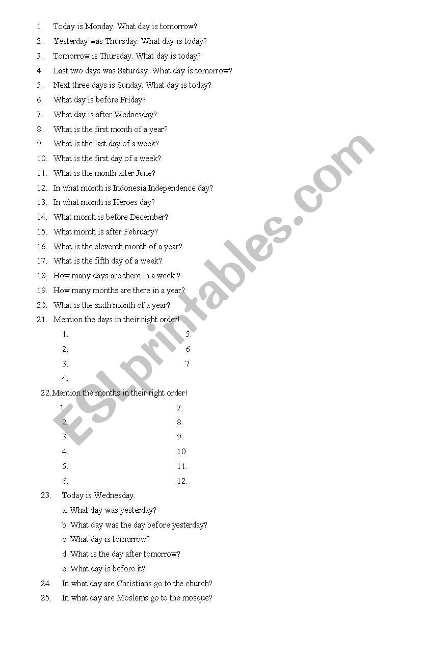 days and month exercise worksheet
