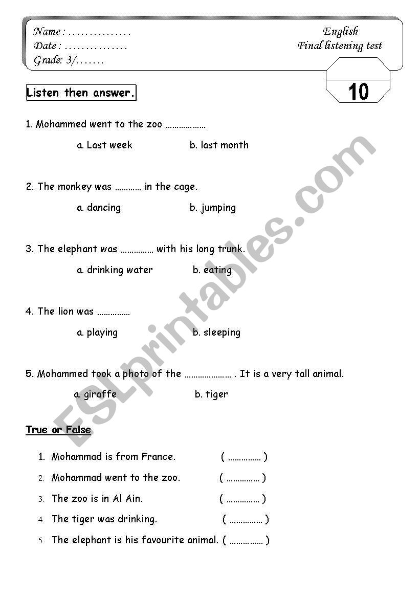 listening test worksheet