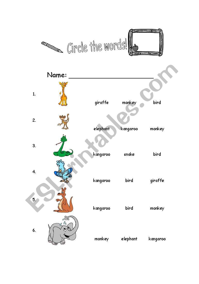 circle the word.jungle animal worksheet