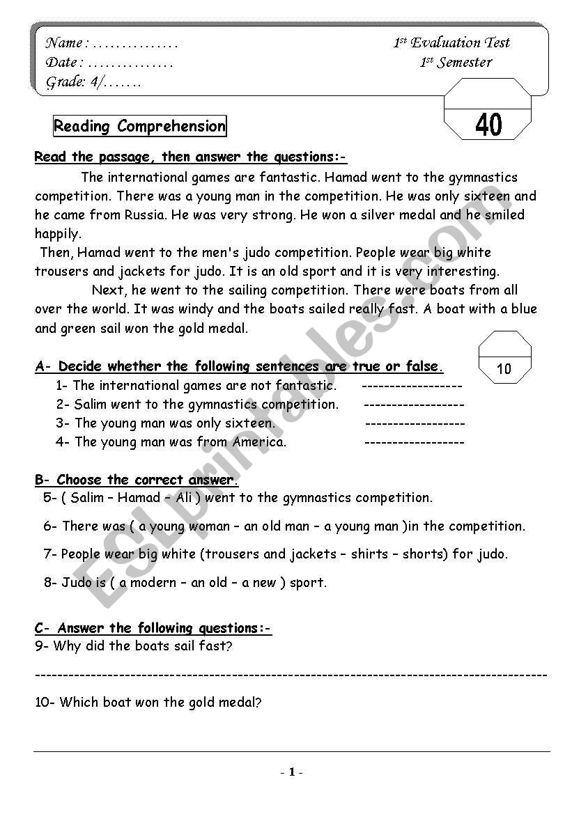 reading comprehension and writing excersises