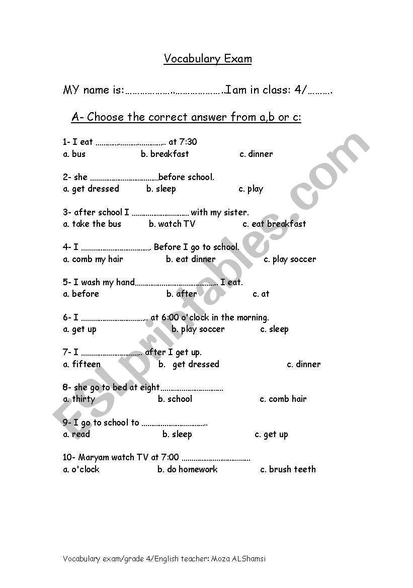 daily activities worksheet