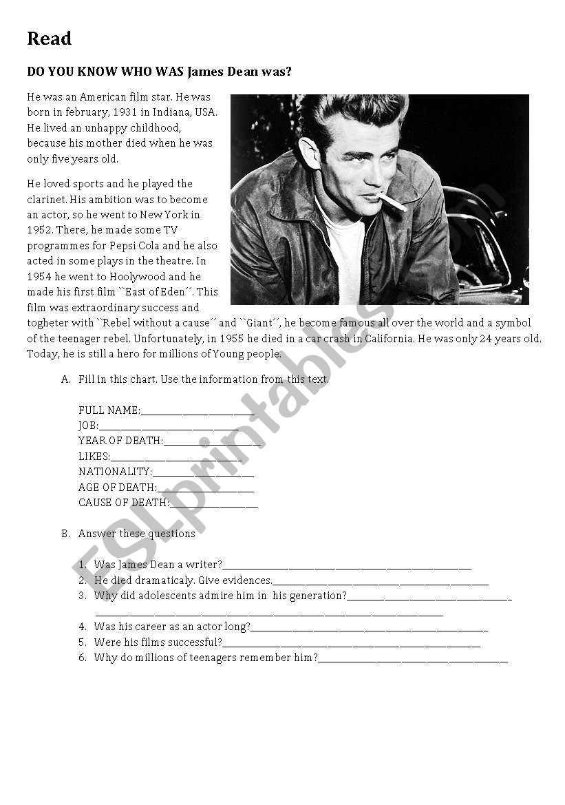 reading about james dean worksheet