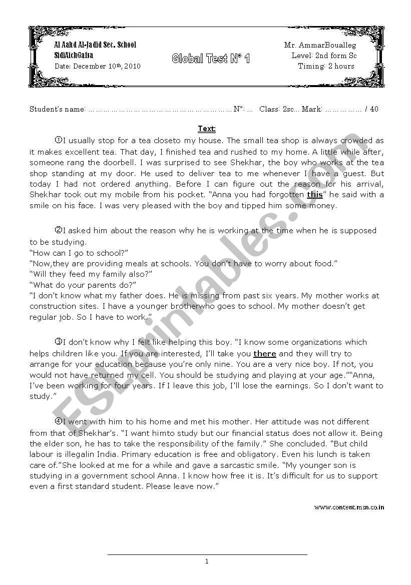 Global Test 1 (2nd form sciences) 2010