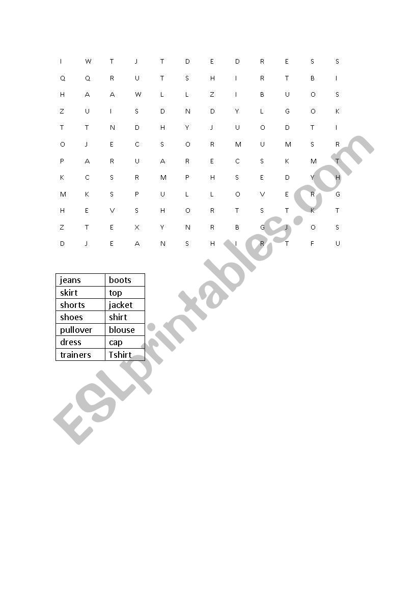 wordsearch clothes worksheet