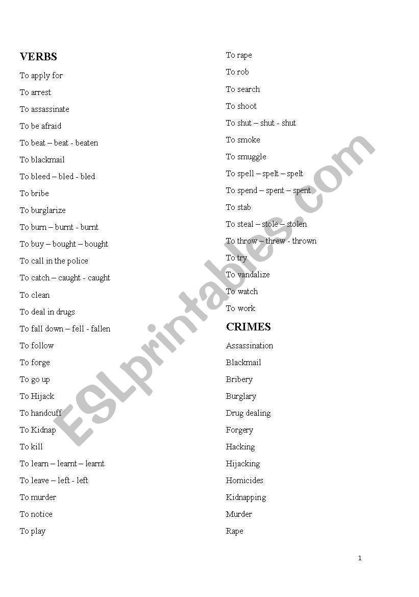 Police vocabulary worksheet