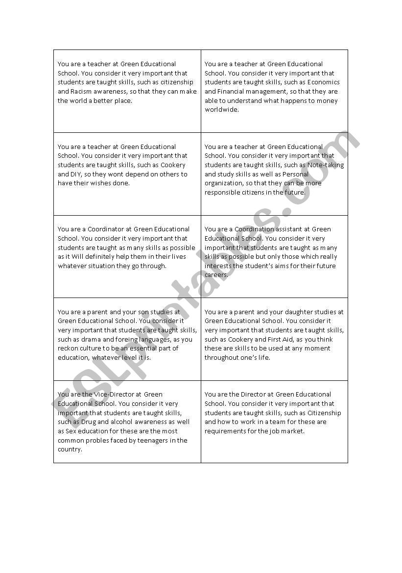 Skills role play worksheet