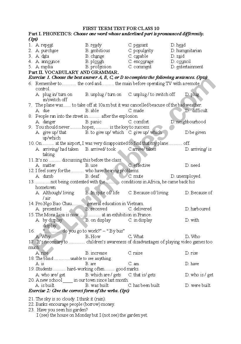 first term test for class 10 worksheet