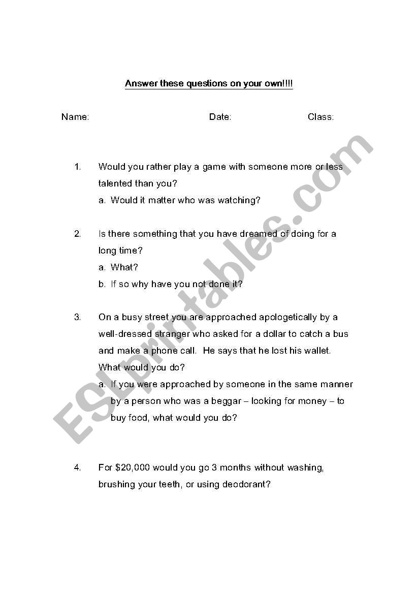 bellringer questions worksheet