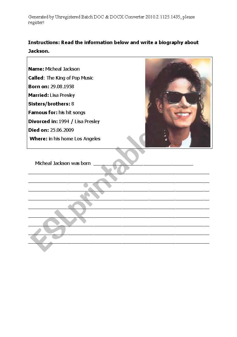 English worksheets: The king of Pop Music